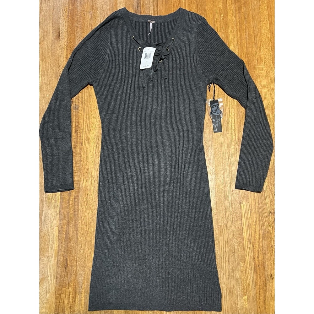 POOF Apparel Women‎ LG Charcoal Heather Lace Up V-Neck Ribbed Knit Bodycon Dress
